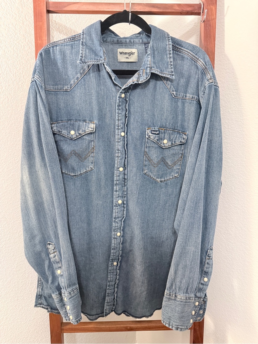 Wrangler Men’s Pearl Snap Light Blue Cotton Denim Shirt Size XXL